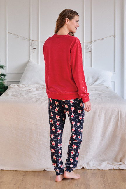 PIJAMA NAVIDEÑO PANTALÓN LARGO PUÑO CON CAMISETA MANGA LARGA REALIZADO EN SUAVE TERCIOPELO ELÁSTICO