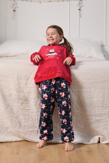 PIJAMA NAVIDEÑO PANTALÓN LARGO PUÑO CON CAMISETA MANGA LARGA REALIZADO EN SUAVE TERCIOPELO ELÁSTICO. NIÑO/NIÑA