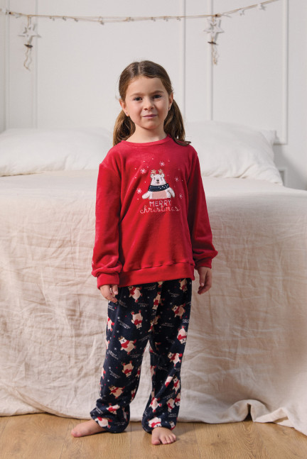 PIJAMA NAVIDEÑO PANTALÓN LARGO PUÑO CON CAMISETA MANGA LARGA REALIZADO EN SUAVE TERCIOPELO ELÁSTICO. NIÑO/NIÑA
