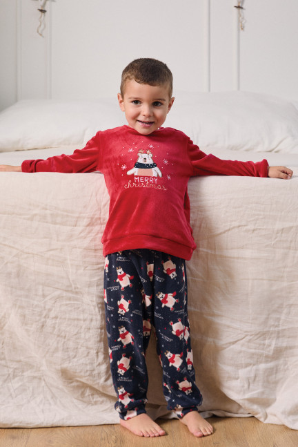 PIJAMA NAVIDEÑO PANTALÓN LARGO PUÑO CON CAMISETA MANGA LARGA REALIZADO EN SUAVE TERCIOPELO ELÁSTICO. NIÑO/NIÑA