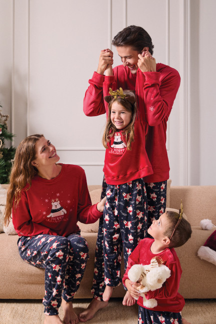 PIJAMA NAVIDEÑO PANTALÓN LARGO PUÑO CON CAMISETA MANGA LARGA REALIZADO EN SUAVE TERCIOPELO ELÁSTICO. NIÑO/NIÑA