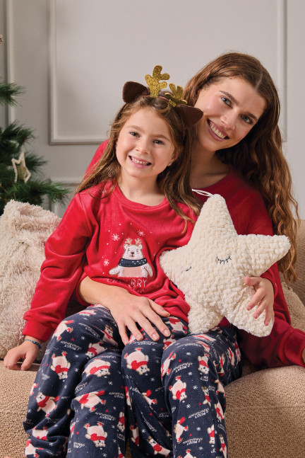 PIJAMA NAVIDEÑO PANTALÓN LARGO PUÑO CON CAMISETA MANGA LARGA REALIZADO EN SUAVE TERCIOPELO ELÁSTICO. NIÑO/NIÑA