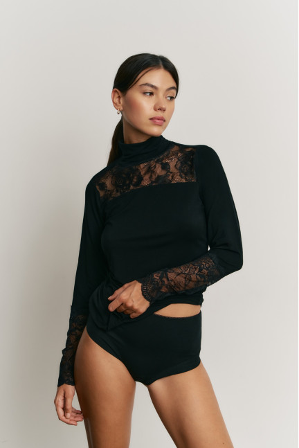 CAMISETA MANGA LARGA CON CUELLO ALTO DE MODAL CON ENCAJE