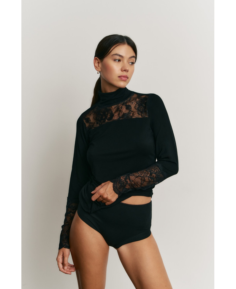 CAMISETA MANGA LARGA CON CUELLO ALTO DE MODAL CON ENCAJE