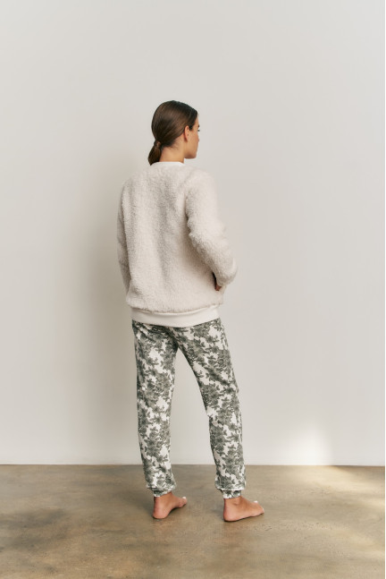 PIJAMA 3 PIEZAS PANTALÓN LARGO ALGODÓN. BOMBER TEJIDO BORREGUITO OFF WHITE