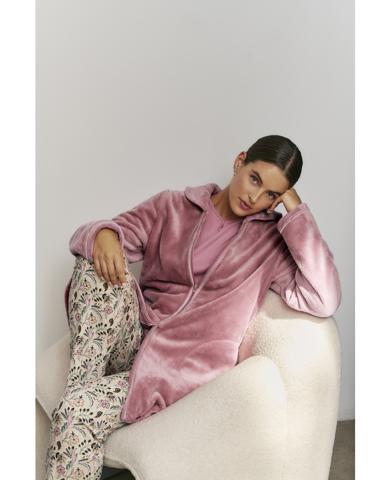 PIJAMA 3 PIEZAS ALGODÓN SUAVE FLOR. BATA TEJIDO PELUDO CON CREMALLERA