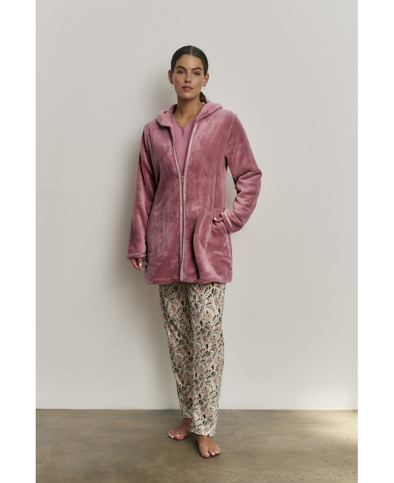 PIJAMA 3 PIEZAS ALGODÓN SUAVE FLOR. BATA TEJIDO PELUDO CON CREMALLERA