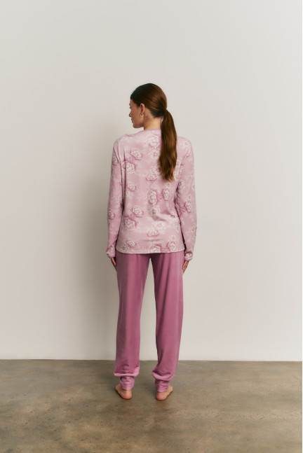 PIJAMA PANTALÓN LARGO PUÑO CON CAMISETA MANGA LARGA REALIZADO EN SUAVE TERCIOPELO ELÁSTICO