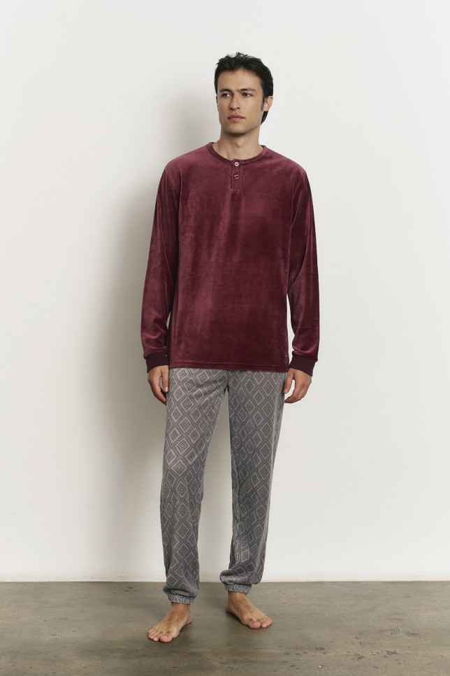 PIJAMA PANTALÓN LARGO PUÑO CON CAMISETA MANGA LARGA TEJIDO COTTON VELVET ROMBO