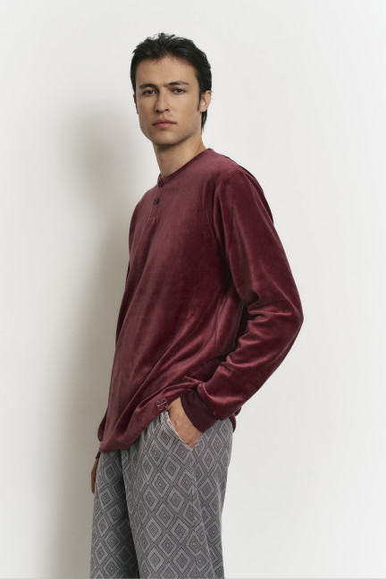 PIJAMA PANTALÓN LARGO PUÑO CON CAMISETA MANGA LARGA TEJIDO COTTON VELVET ROMBO