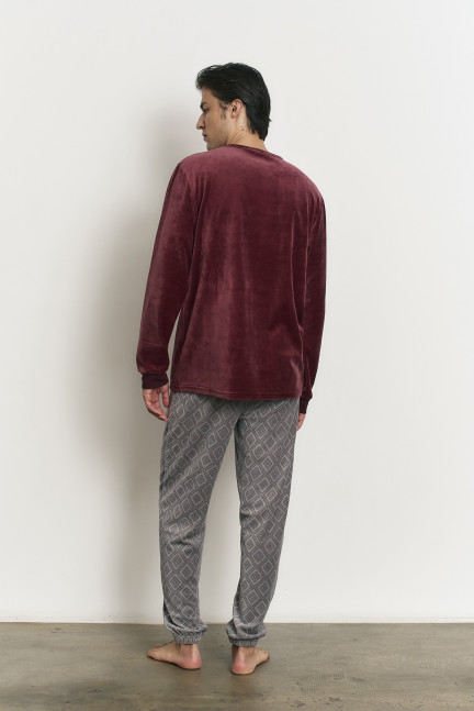 PIJAMA PANTALÓN LARGO PUÑO CON CAMISETA MANGA LARGA TEJIDO COTTON VELVET ROMBO