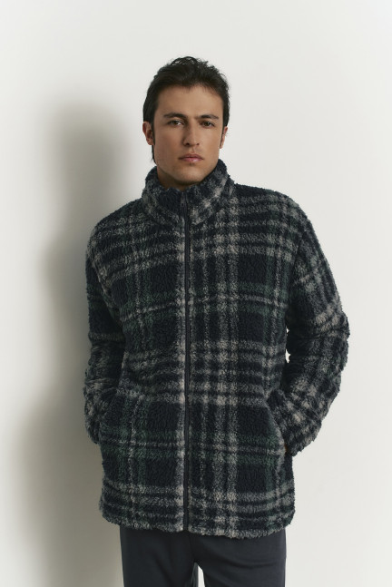 CHAQUETA BOMBER CON CREMALLERA TEJIDO BORREGUITO ESTAMPADO CUADROS