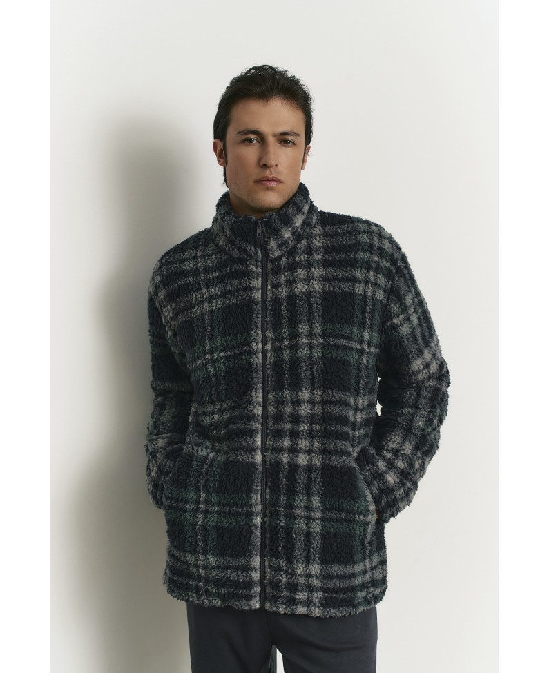 CHAQUETA BOMBER CON CREMALLERA TEJIDO BORREGUITO ESTAMPADO CUADROS