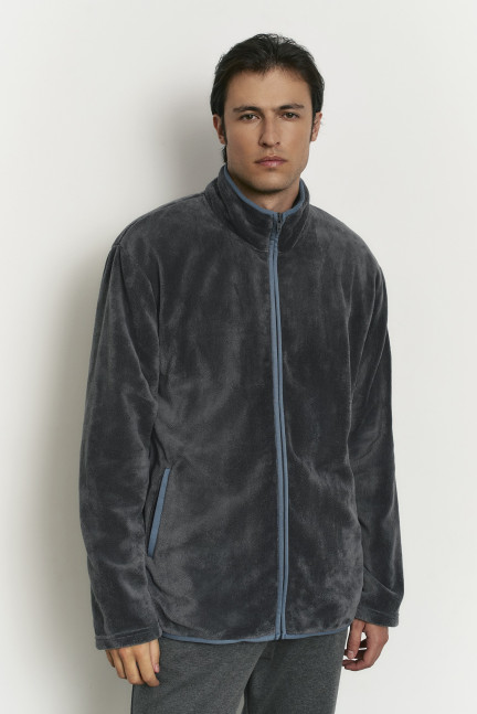 CHAQUETA TEJIDO PELUDO CON CREMALLERA GRIS