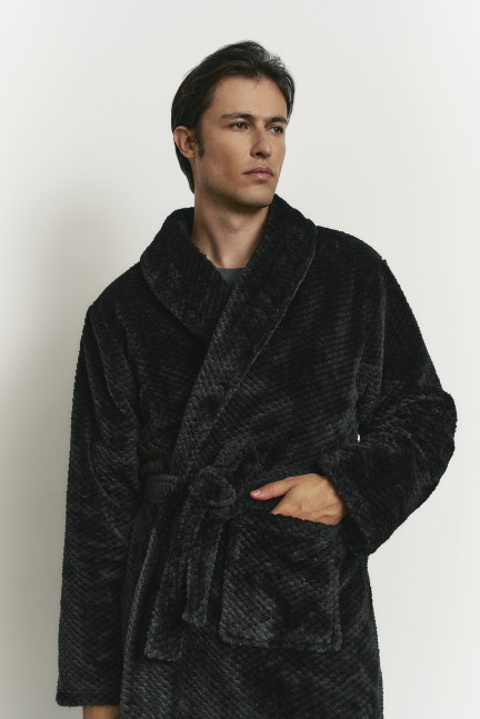 BATA CON CINTURÓN TEJIDO JACQUARD PELUDO ANTRACITA