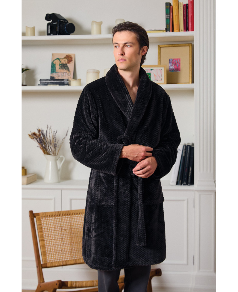 BATA CON CINTURÓN TEJIDO JACQUARD PELUDO ANTRACITA