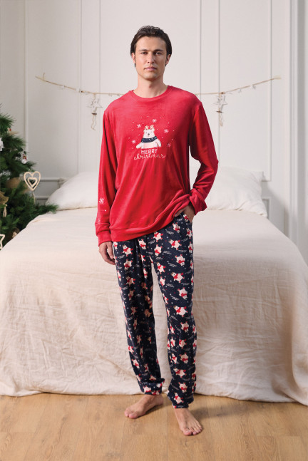 PIJAMA NAVIDEÑO LARGO REALIZADO EN SUAVE TERCIOPELO ELÁSTICO OSO