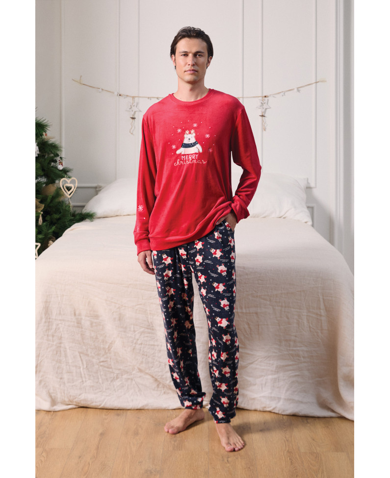 PIJAMA NAVIDEÑO LARGO REALIZADO EN SUAVE TERCIOPELO ELÁSTICO OSO