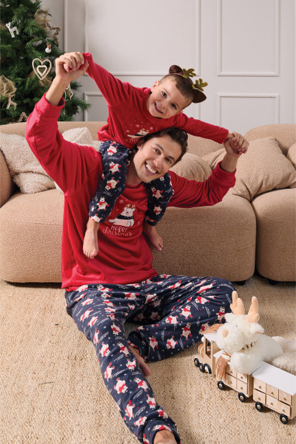 PIJAMA NAVIDEÑO LARGO REALIZADO EN SUAVE TERCIOPELO ELÁSTICO OSO